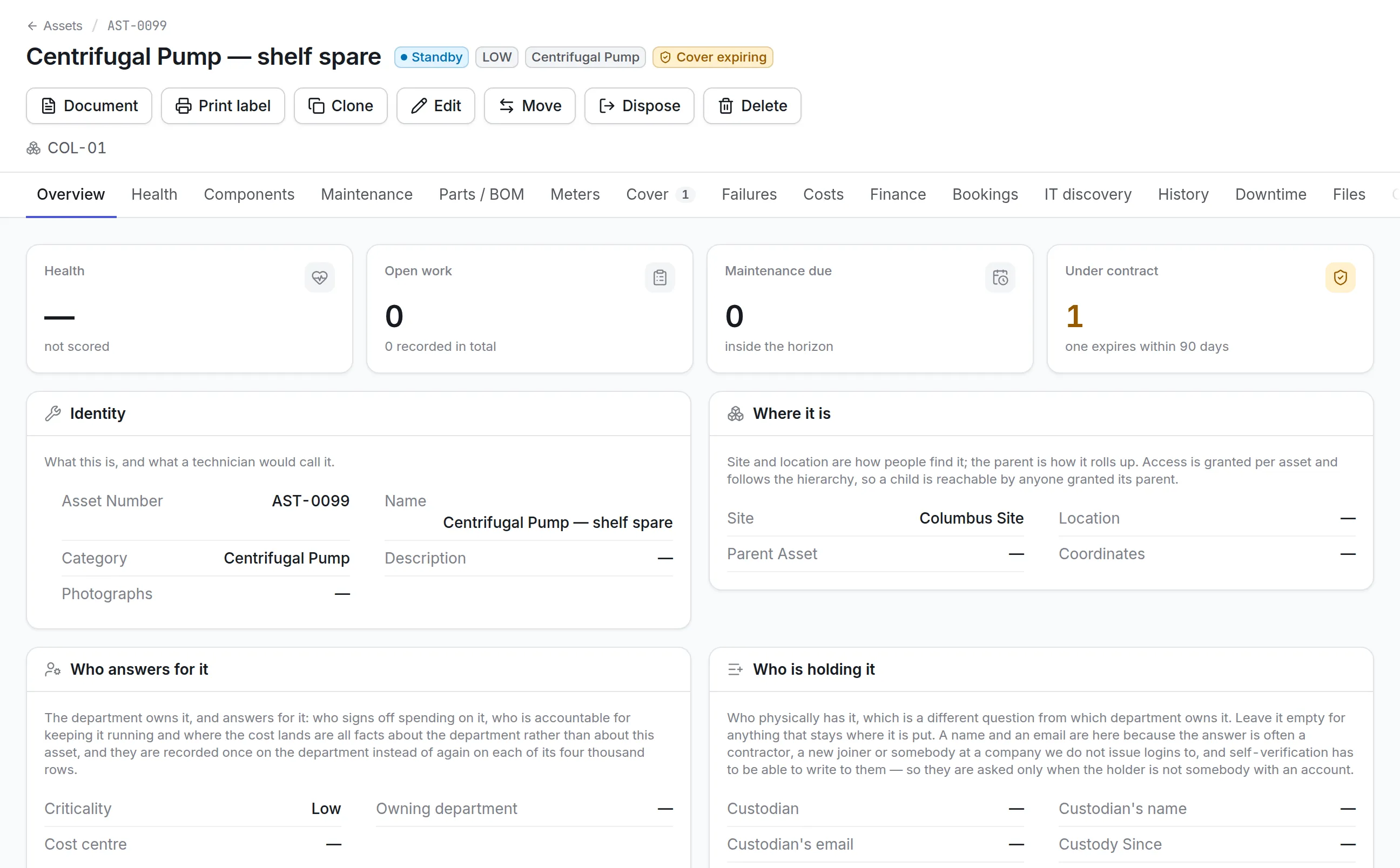 An asset record for a centrifugal pump showing its health, open work, maintenance due inside the planning horizon and one contract expiring within 90 days, with tabs for components, meters, cover, failures, costs and history