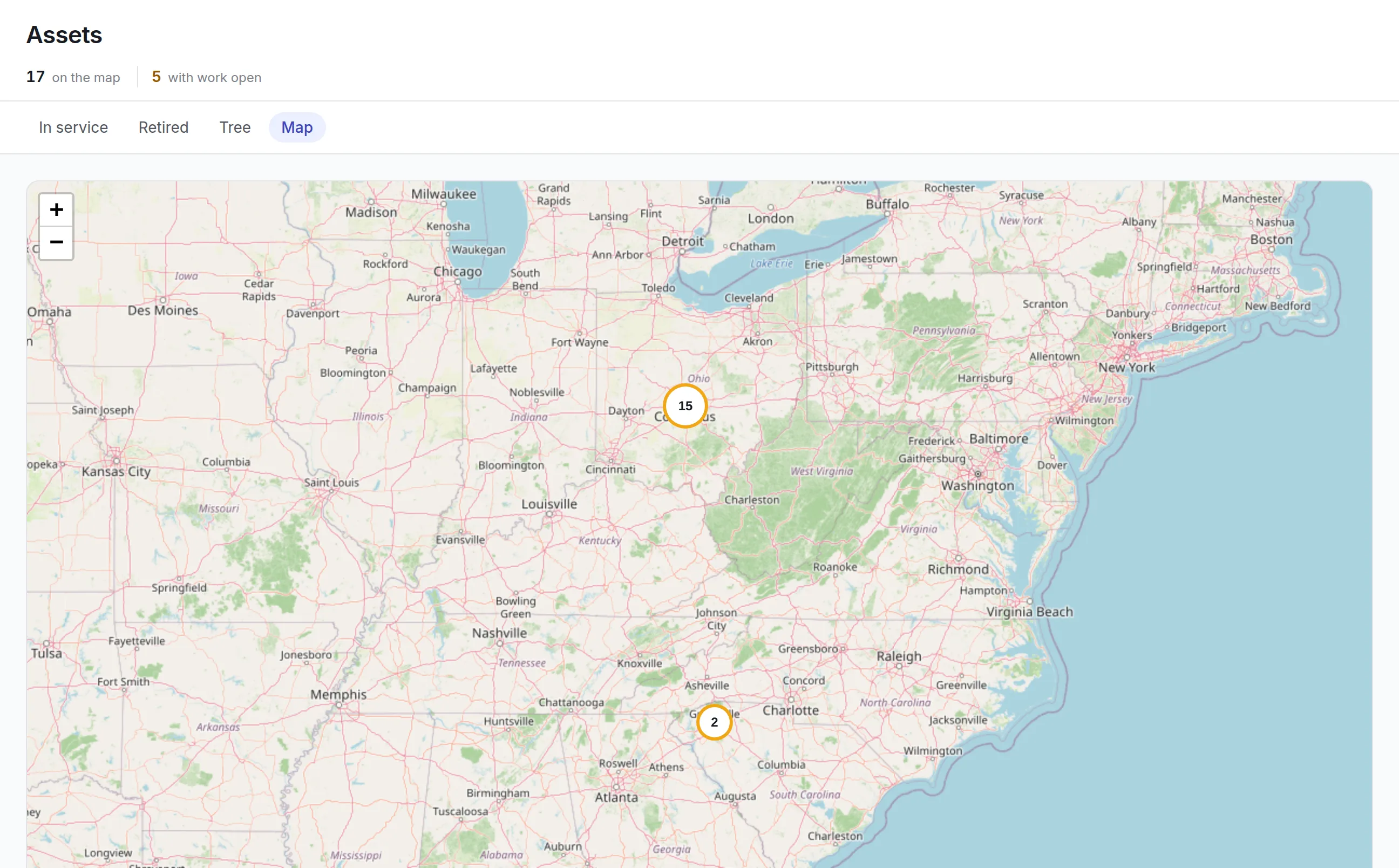 The assets map with 17 assets on the map and 5 with work open, grouped into a cluster of 15 near Columbus, Ohio and a cluster of 2 in the Carolinas, with tabs for in service, retired, tree and map