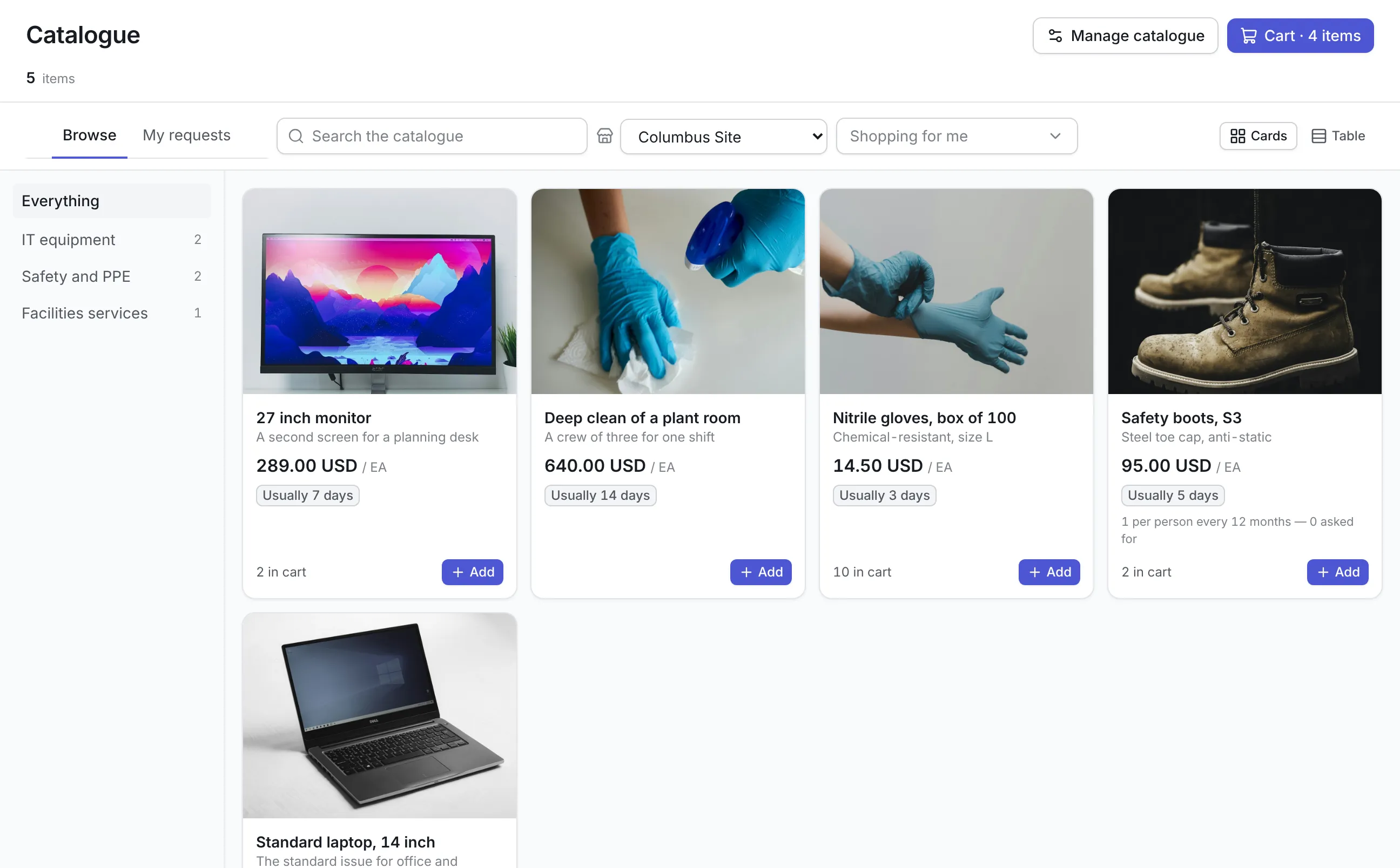 The catalog at Columbus Site with 5 items on 3 shelves, each card with a photo, the agreed price and the usual lead time, including a 27-inch monitor at 289.00 USD, a deep clean of a plant room, nitrile gloves, safety boots limited to 1 per person every 12 months, and a standard laptop