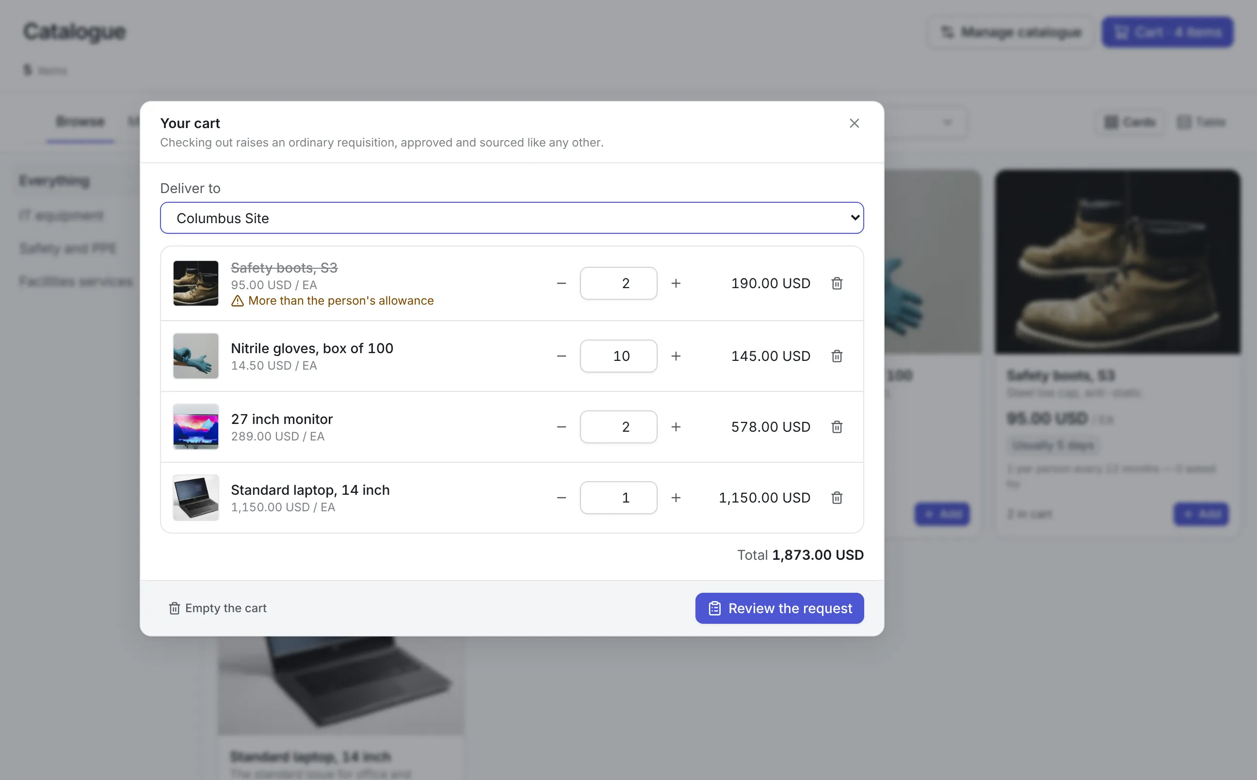 The cart for delivery to Columbus Site with four lines: two pairs of safety boots struck out as more than the person's allowance, then ten boxes of gloves, two monitors and a laptop totaling 1,873.00 USD, with Review the request to check out