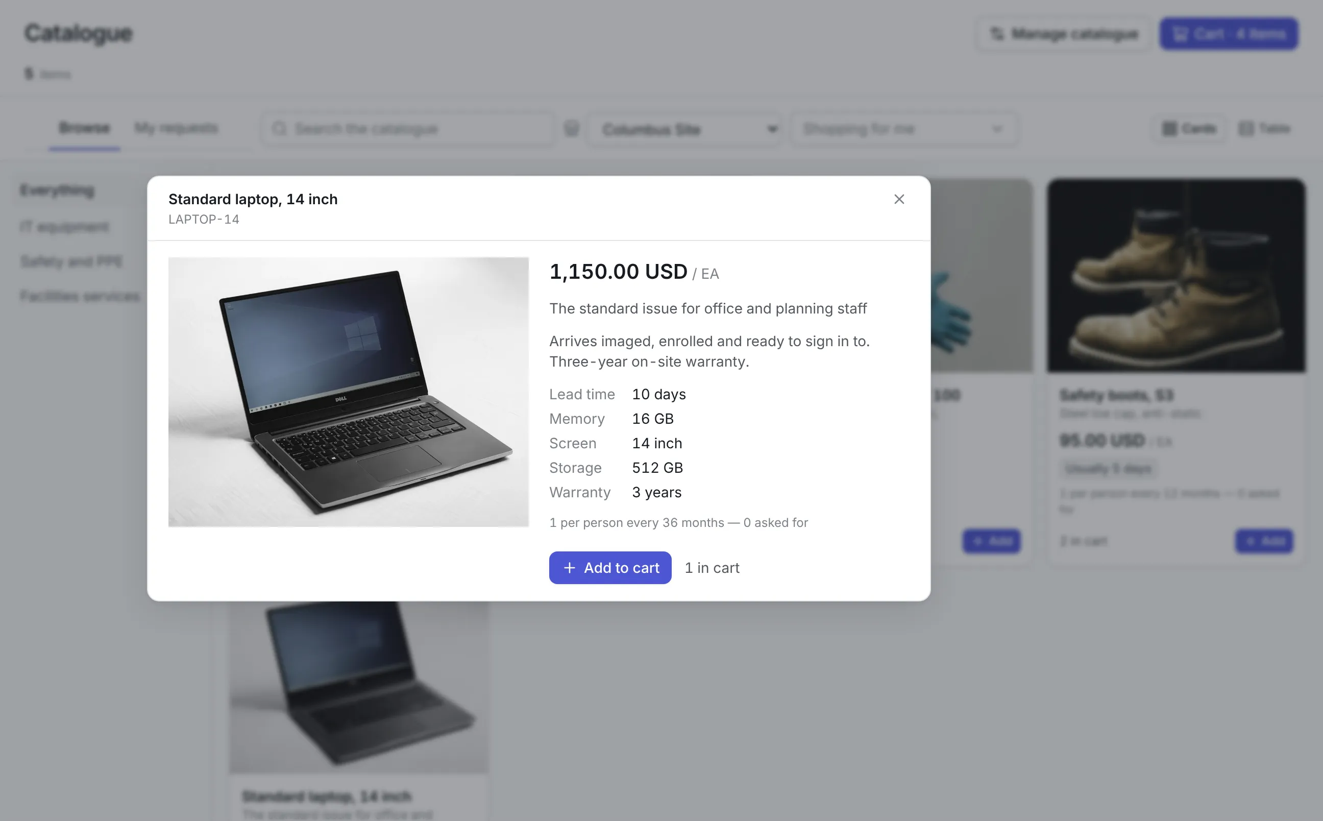 A standard 14-inch laptop in the catalog at 1,150.00 USD each: a 10-day lead time, 16 GB memory, 14-inch screen, 512 GB storage, a 3-year warranty, and an allowance of 1 per person every 36 months with 0 asked for so far