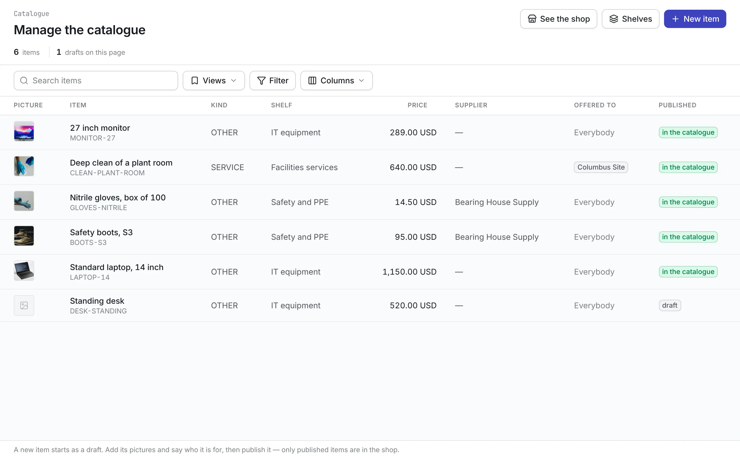 The catalog maintenance screen listing 6 items with their kind, shelf, price, supplier and who they are offered to: 5 in the catalog, the deep clean offered only at Columbus Site, and a standing desk still a draft