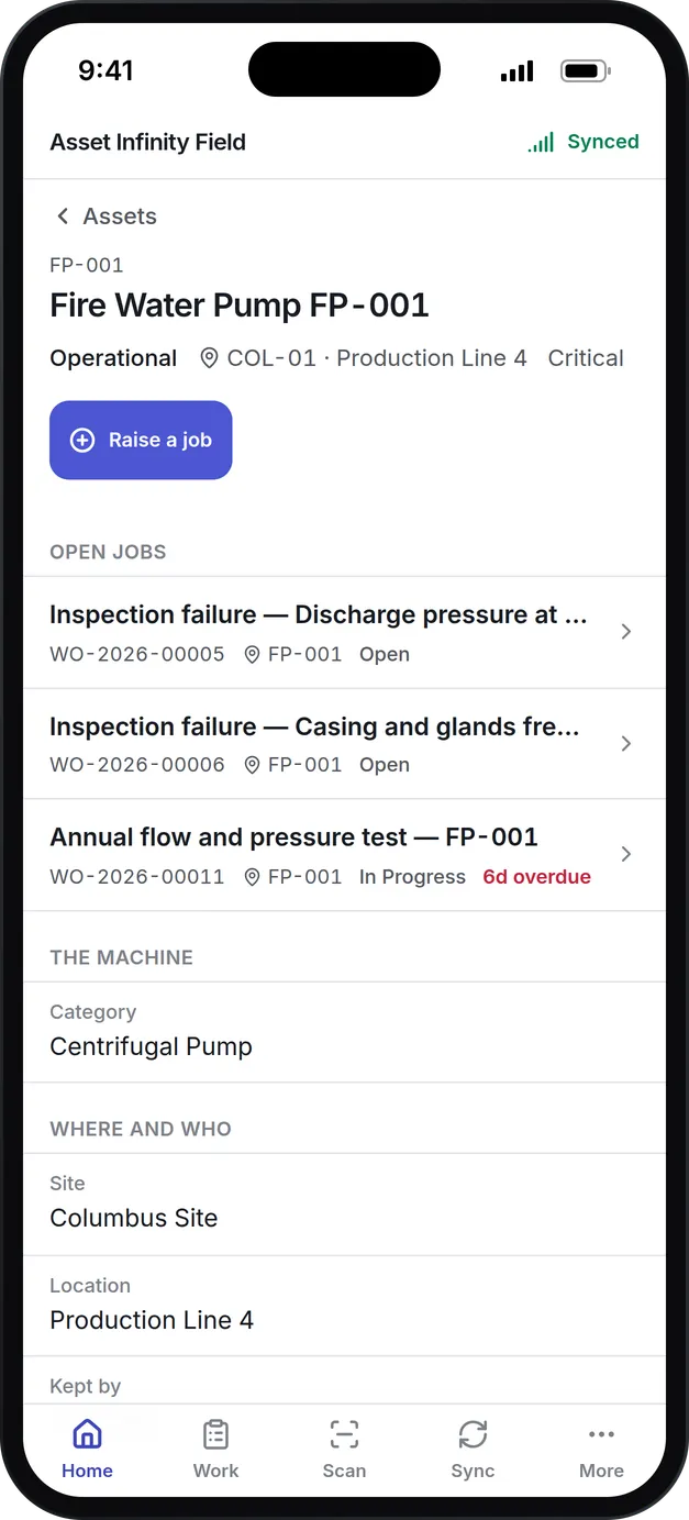 An asset on the technician app with a Raise a job button and its three open jobs, two of them raised by failed inspection checks