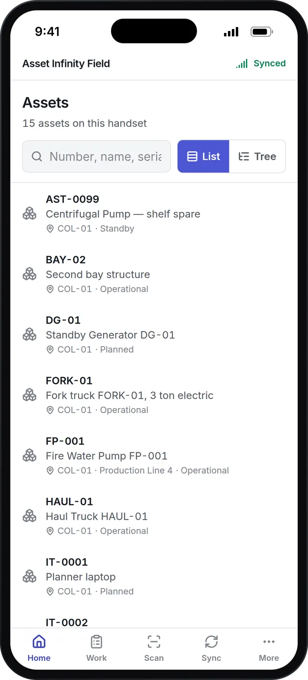 The asset list on the technician app: 15 assets kept on the handset for working offline