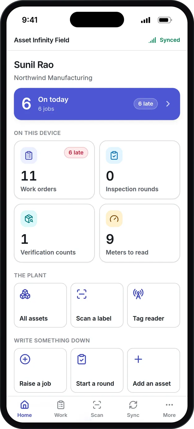 The technician app's home screen: 6 jobs on today, 11 work orders with 6 late, a verification count, 9 meters to read and buttons to scan a label or raise a job