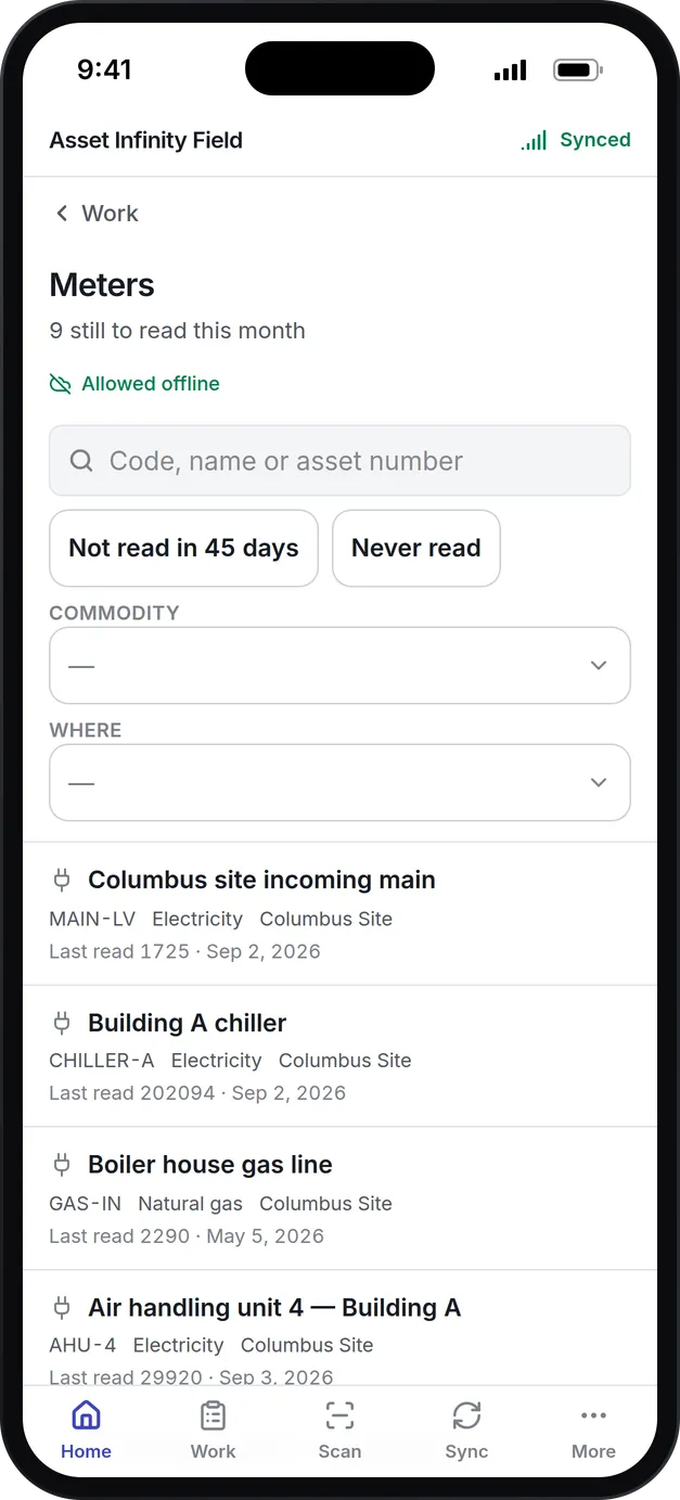 The technician app's Meters list: 9 still to read this month, allowed offline, with filters for meters not read in 45 days or never read