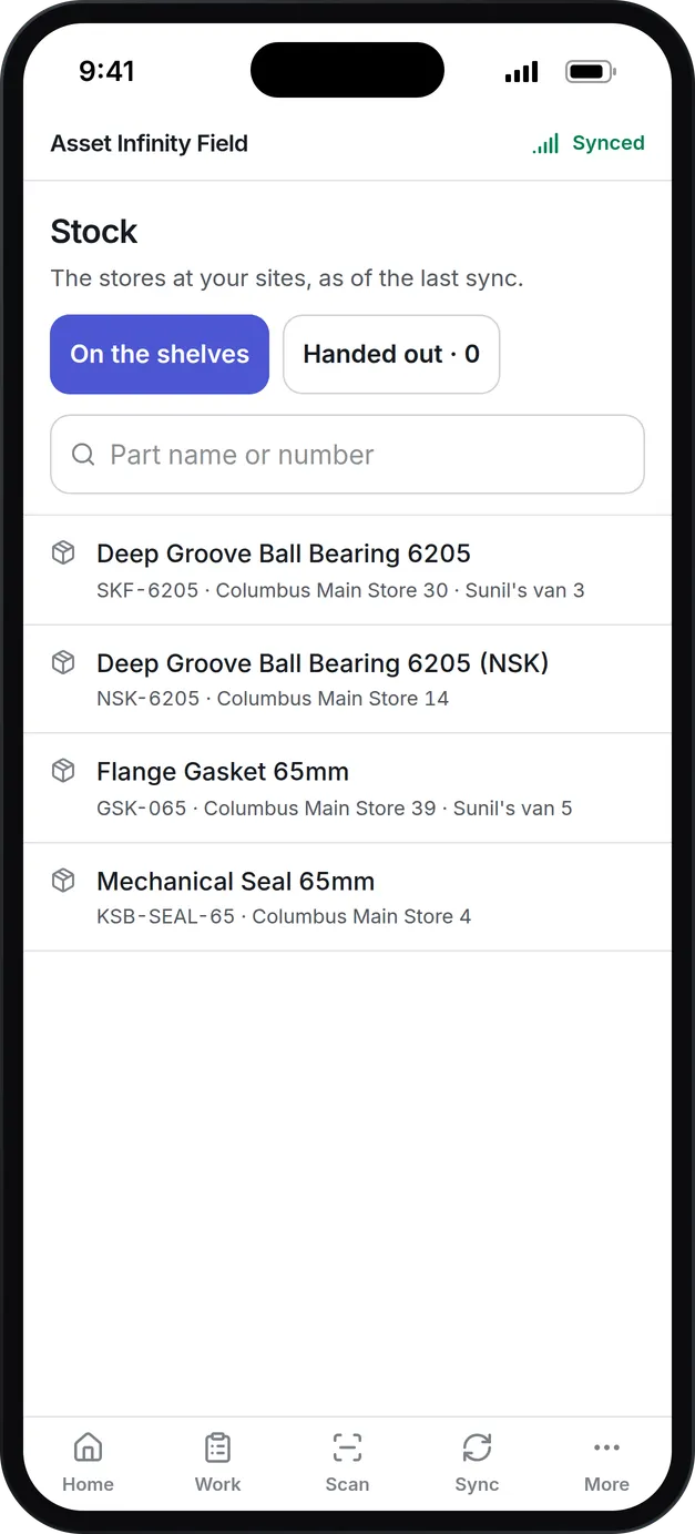The technician app's Stock screen: each part with what the main store holds and what is in a technician's van, synced from the last connection