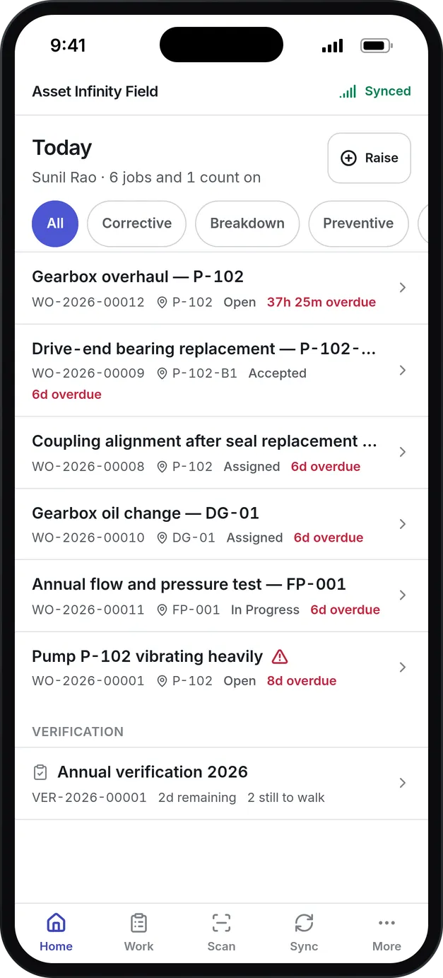 A technician’s day on the phone: six jobs and one asset count, synced and ready offline