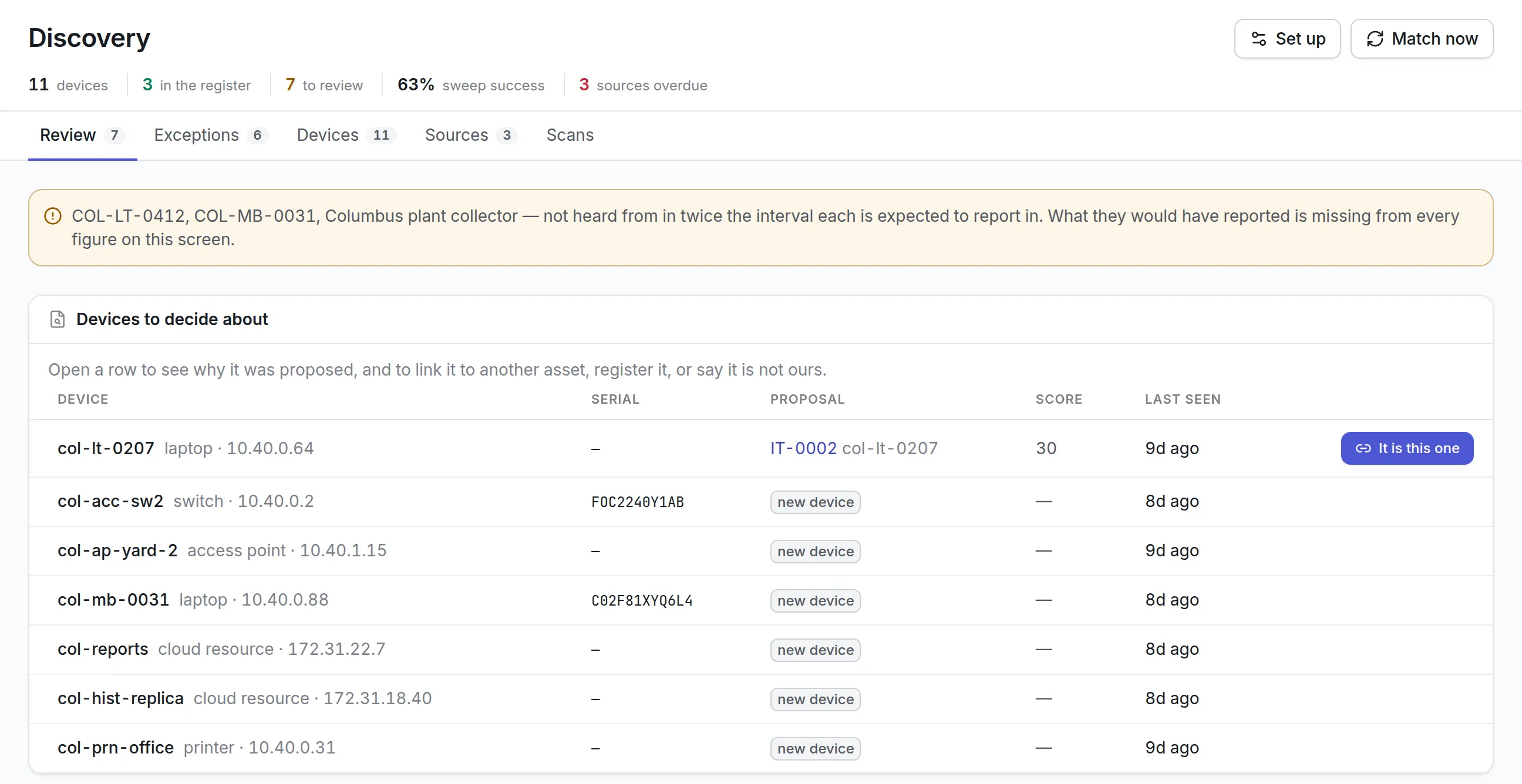 The discovery review screen: 7 devices waiting for review and 3 already in the register