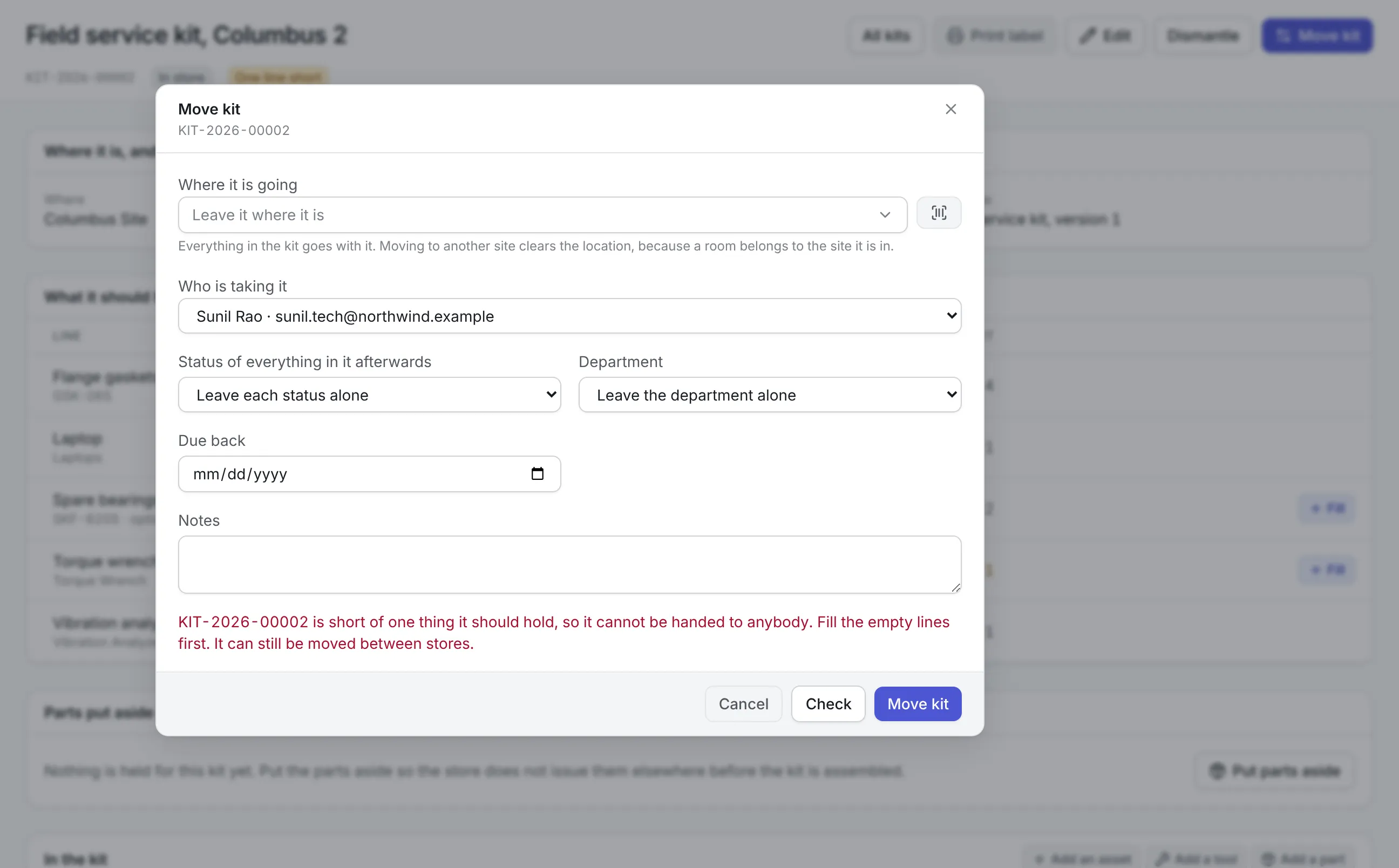 The Move kit dialog for KIT-2026-00002 with Sunil Rao chosen as the person taking it, refused because the kit is short of one thing it should hold, with a note that it can still be moved between stores
