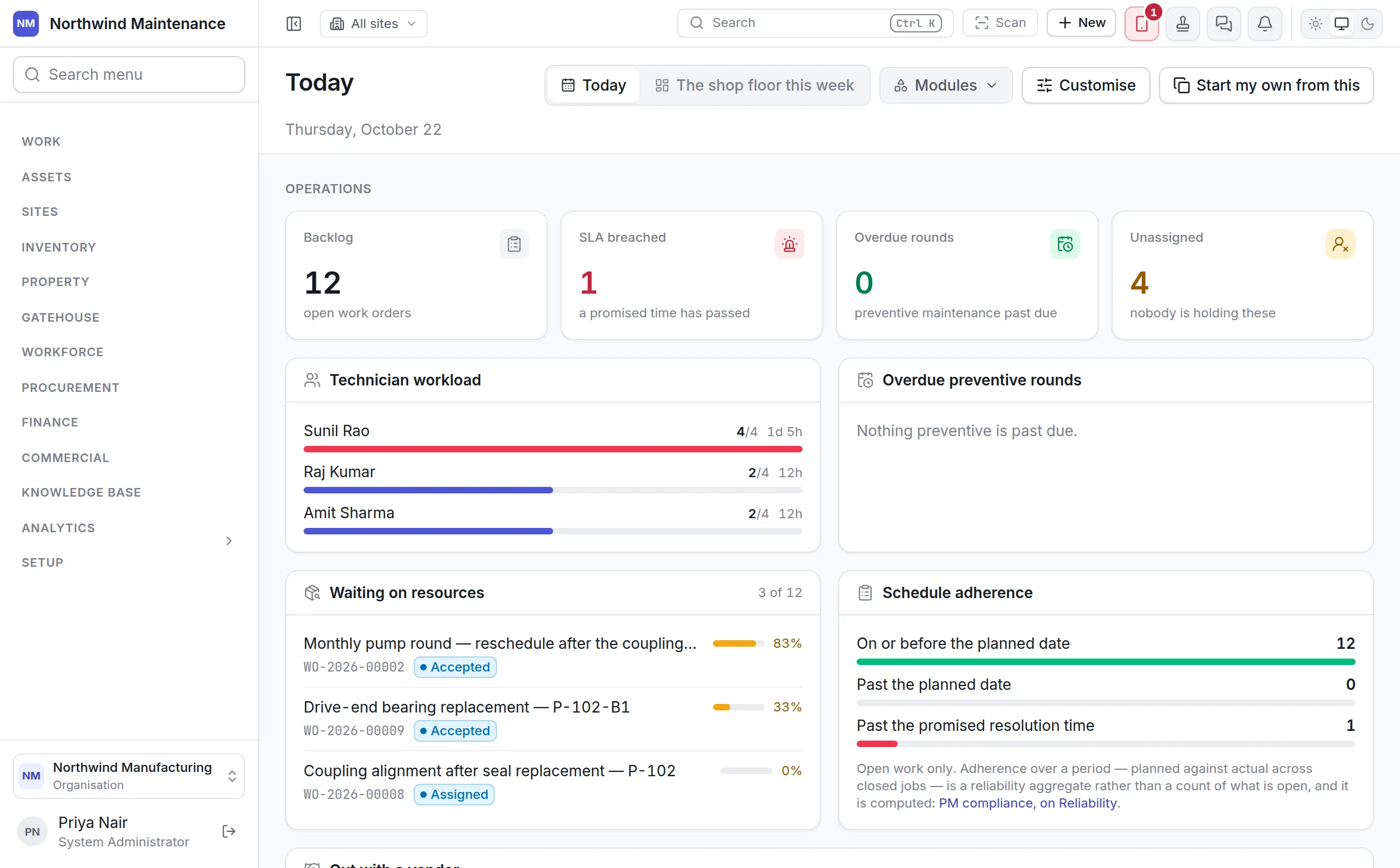 The Asset Infinity menu: Work, Assets, Sites, Inventory, Property, Gatehouse, Workforce, Procurement, Finance, Commercial, Knowledge Base, Analytics and Setup