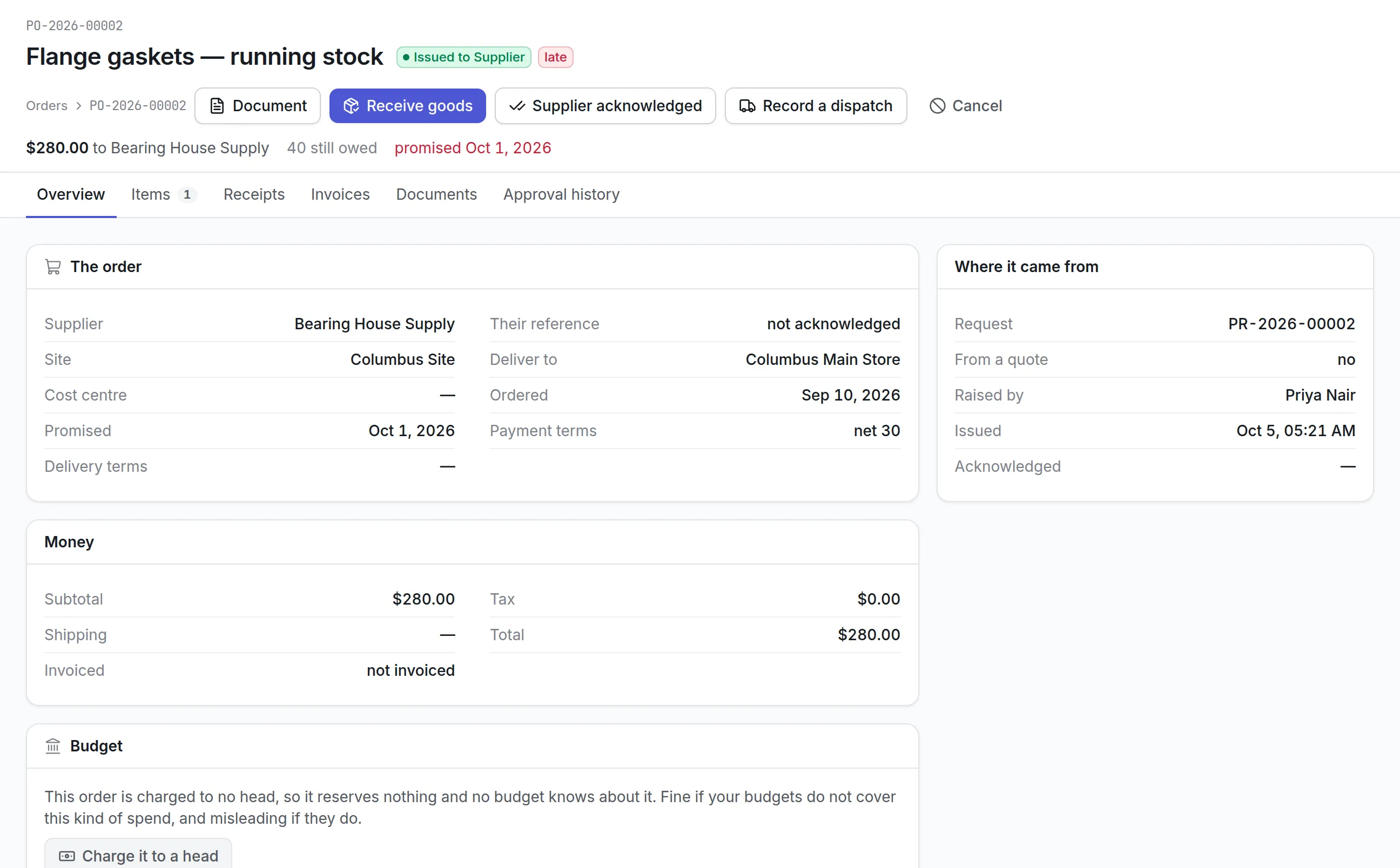Purchase order PO-2026-00002 for flange gaskets, issued to Bearing House Supply for $280.00, marked late against its Oct 1, 2026 promise with 40 still owed and net 30 terms