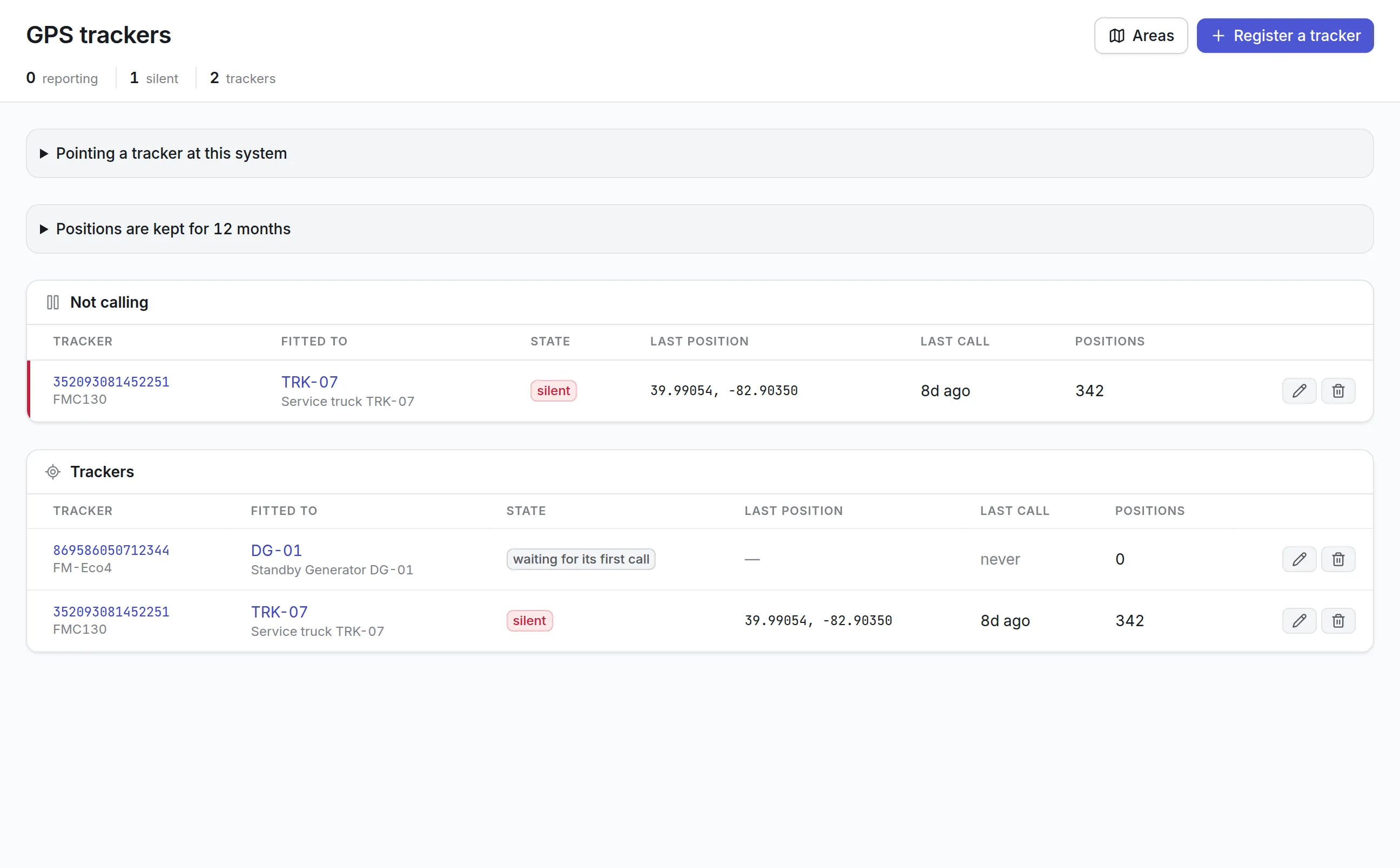 The GPS trackers screen with 2 trackers registered, a service truck tracker listed under Not calling after 8 days with 342 positions held, and a tracker on a standby generator waiting for its first call