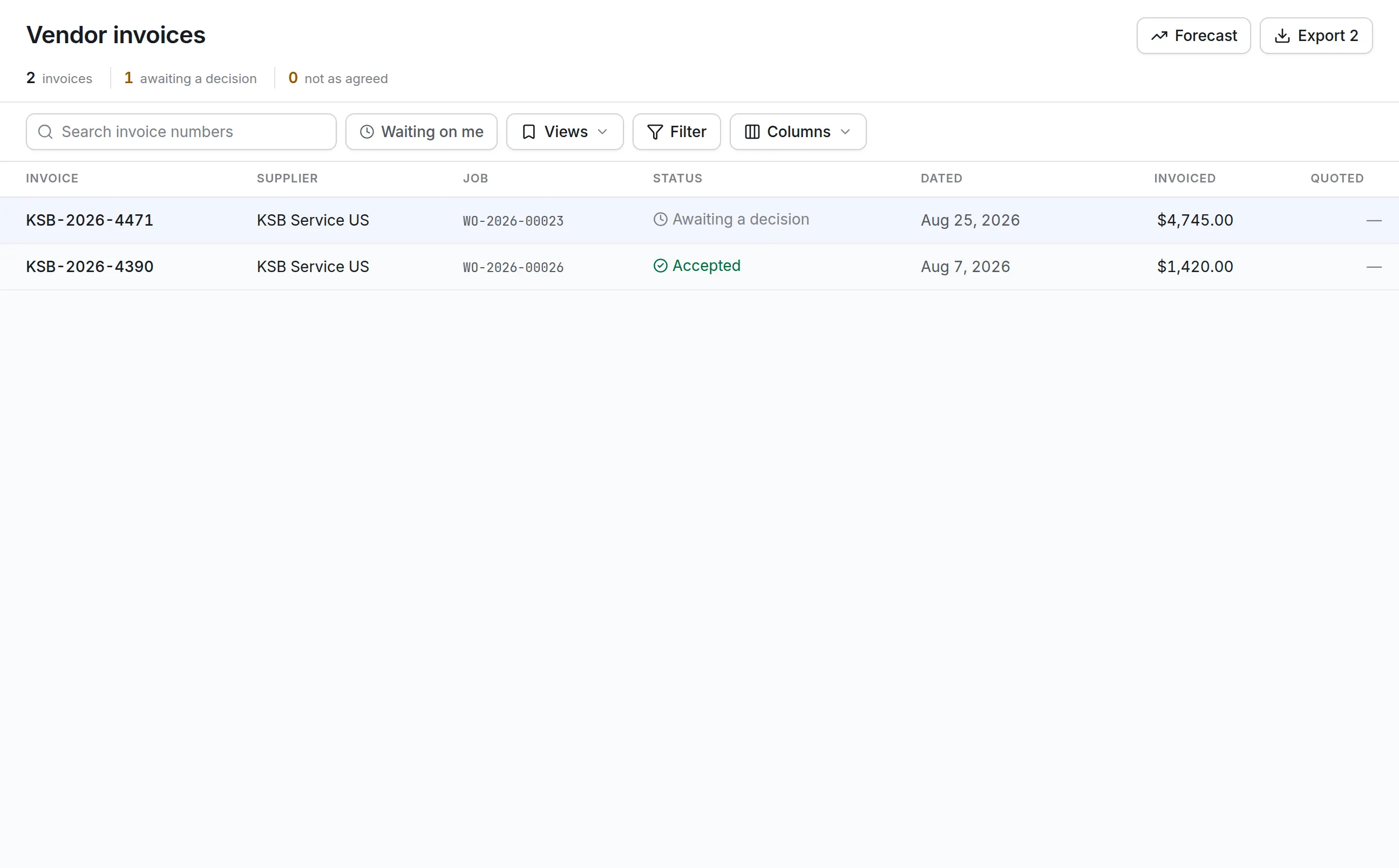 The Vendor invoices list with 2 invoices from a pump service contractor, each tied to its work order: $4,745.00 awaiting a decision and $1,420.00 accepted