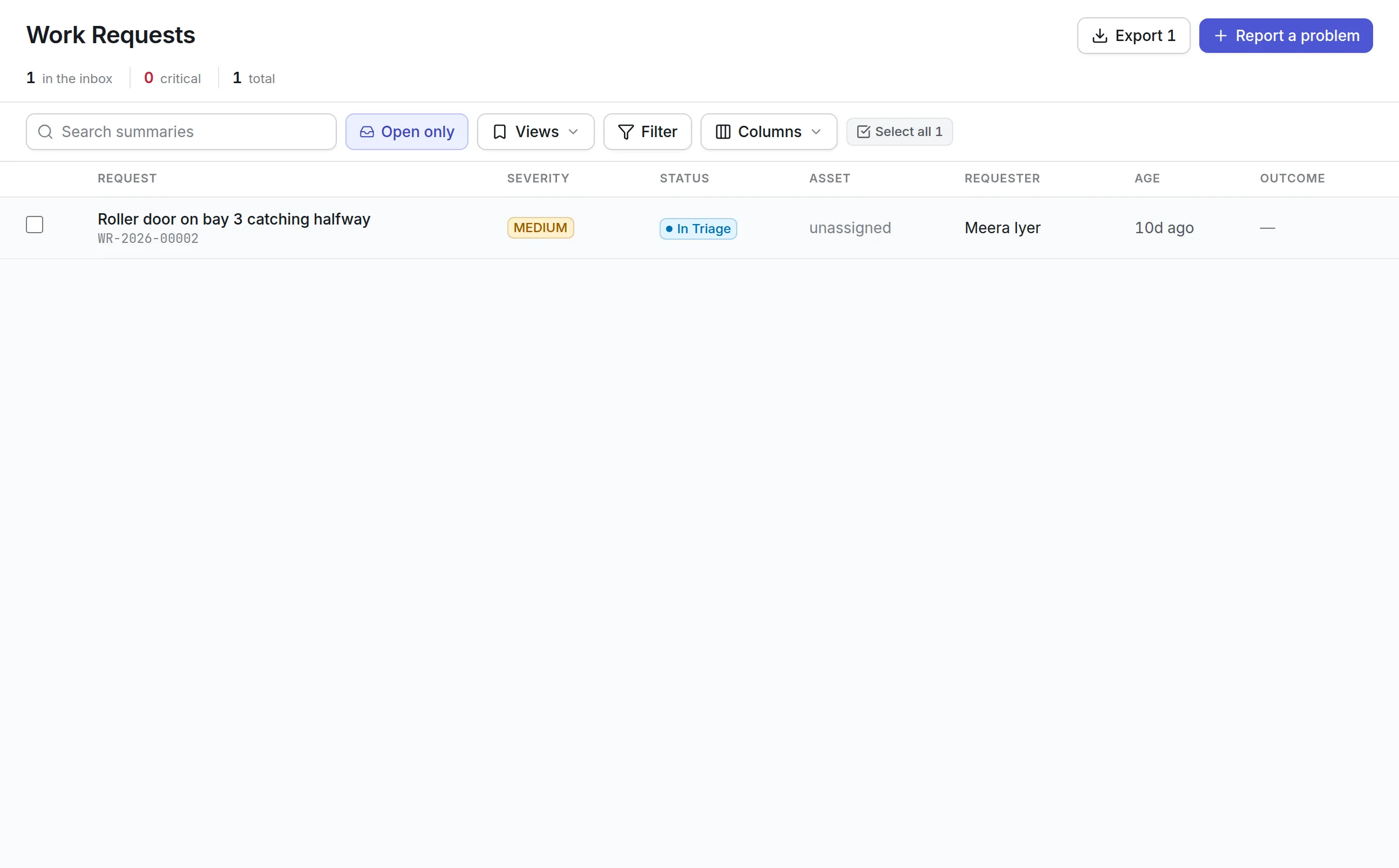 The Work Requests screen with one request in triage: a roller door on bay 3 catching halfway, severity medium, raised 10 days ago and not yet assigned