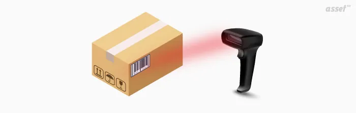 Illustration of a handheld barcode scanner reading a barcode label on a cardboard box