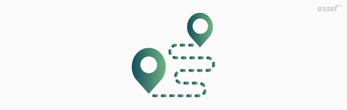 Illustration of two map pins joined by a dotted route, showing GPS asset tracking
